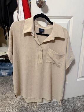 Lafayette 148 New York Beige Button-Front Short Sleeve Polo